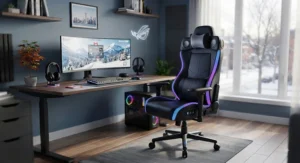 Premium gaming chair with high-fidelity bluetooth speakers and customizable LED lighting.