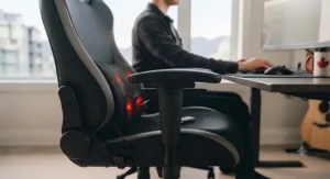 A sleek black and grey PVC leather budget massage gaming chair offering durable daily performance.