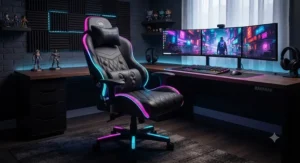 Immersive massage gaming chair with vibrant LED accent lighting in a dedicated gaming setup.