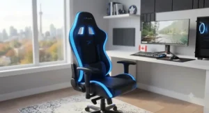 A sleek ergonomic chair with static LED accents integrated into a home office gaming setup in Canada