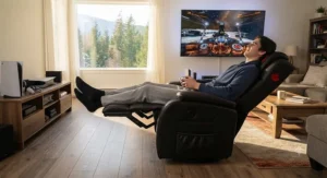 Black leather reclining chair with a sturdy footrest built specifically to accommodate tall gamers comfortably.