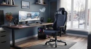 Immersive wireless gaming experience using a bluetooth gaming chair with integrated speakers and a desk setup.