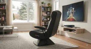 Wireless surround sound gaming chair compatible with major consoles for a clutter-free living space.
