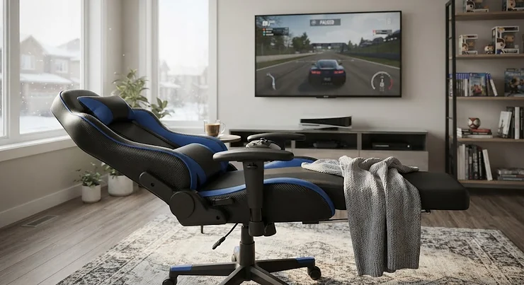 A comfortable 180 degree reclining gaming chair for console gaming set up in a modern Canadian living room with a large screen TV and video game console.