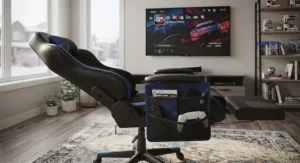Side angle of a 180 degree reclining gaming chair for console gaming featuring convenient storage pockets for video game controllers and accessories.
