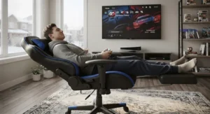 A gamer relaxing in a 180 degree reclining gaming chair for console gaming with the retractable footrest extended while playing next-gen console games.