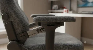 A fabric gaming chair with multi-directional adjustable armrests for custom comfort.