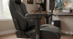 Detail of the multi-directional adjustable armrests on a reclining gaming chair for tall gamers.