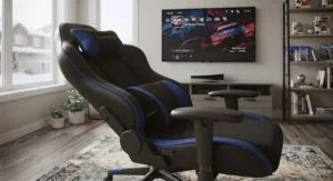 A high-back 180 degree reclining gaming chair for console gaming showcasing targeted lumbar cushion and plush headrest for posture support.