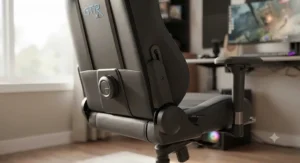 Close-up of the adjustable lumbar support and height features on a reclining gaming chair for tall gamers.