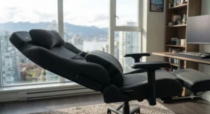 Side angle of an adjustable reclining gaming chair for napping equipped with a memory foam neck pillow and lumbar cushion.