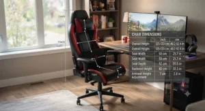 Infographic detailing the height and seat dimensions of an affordable leather gaming chair for optimal fit.