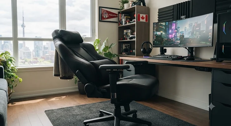 A premium reclining gaming chair set up in a modern Canadian home office, featuring ergonomic lumbar support and a sleek black finish.