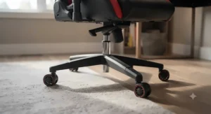 Sturdy nylon base and smooth-rolling caster wheels on a best-value leather gaming chair designed for carpet and hardwood floors.