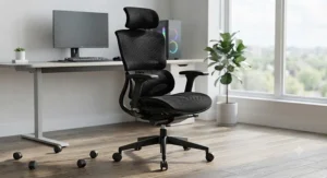 Sleek black breathable fabric gaming chair for hot rooms, engineered to maximize airflow and prevent heat buildup.