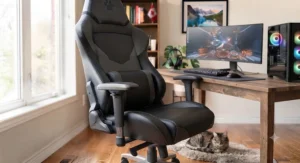 A stylish black faux leather gaming chair showcasing pet-friendly design elements and robust stitching.