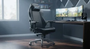 Breathable perforated leather gaming chair designed to keep cool during intense matches.