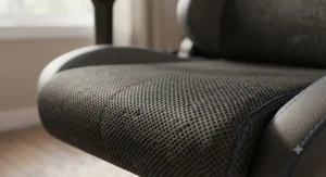 Close-up of the breathable upholstery fabric on a reclining gaming chair for tall gamers.