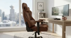 Stylish brown leather gaming chair blending into a contemporary Canadian apartment home office