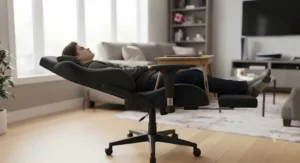 A budget reclining gaming chair showing a full 180-degree recline angle for relaxing breaks.