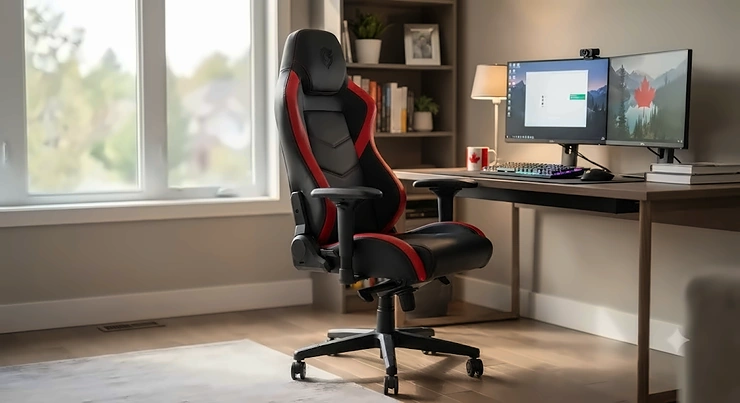 A stylish black and red budget leather gaming chair set up in a modern Canadian home office.