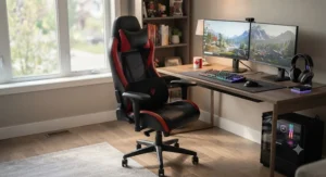 Complete PC gaming station featuring a budget leather gaming chair paired with an RGB keyboard and dual monitors.