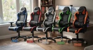 Lineup of cheap leather gaming chairs available in various accent colours like blue, red, and white for Canadian gamers.