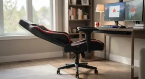 Side profile of a cheap leather gaming chair fully reclined for maximum comfort during long gaming sessions.