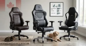 A comfortable faux leather gaming chair in a Canadian home office with a pet sleeping on the floor.
