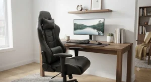 Comfortable leather gaming chair paired with a clean wooden home office desk setup