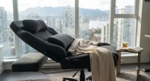 A breathable fabric reclining gaming chair for napping designed for comfortable all-day seating and quick afternoon rests.