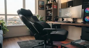Ergonomic reclining gaming chair highlighting adjustable neck and lumbar pillows for superior spinal alignment.