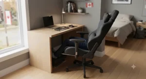 A compact budget reclining gaming chair tucked neatly under a desk in a student apartment.