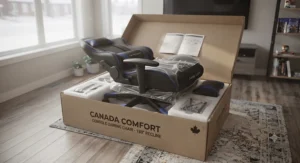 Full view of the 180 degree reclining gaming chair for console gaming packaged alongside a matching ottoman ready for home assembly.