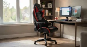 A discount leather gaming chair featuring removable headrest and lumbar support pillows for enhanced posture.