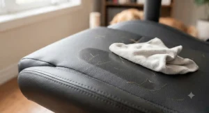 A durable faux leather gaming chair beside a happy dog, highlighting pet-friendly furniture for Canadian homes.