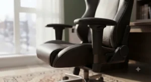 Close-up of premium PU leather stitching and armrest features on a heavy-duty home office gaming chair