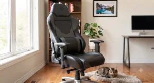 Close-up of easy-to-clean faux leather gaming chair surface showing simple pet hair removal.
