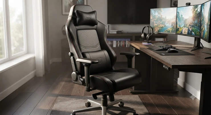 Ergonomic black leather gaming chair with adjustable armrests and lumbar support for long gaming sessions.