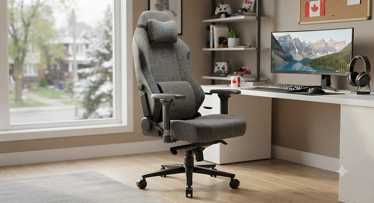 An ergonomic fabric gaming chair designed for long gaming sessions in a Canadian home office setup. suede gaming chair for home office