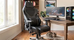 An ergonomic faux leather gaming chair with lumbar support while a small pet rests nearby.