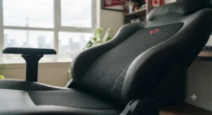 Close-up of breathable mesh fabric on a reclining gaming chair designed for all-day comfort during long gaming sessions or remote work.