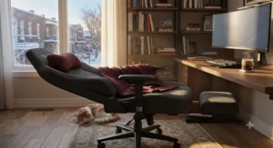 An ergonomic reclining gaming chair for napping positioned in a cozy Montreal home office workspace during a winter afternoon.