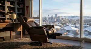 An executive-style reclining gaming chair for napping placed beside a large window overlooking a snowy Calgary landscape.