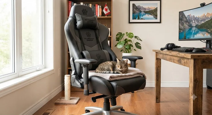 A comfortable faux leather gaming chair designed for pet owners in Canada, featuring scratch-resistant material.