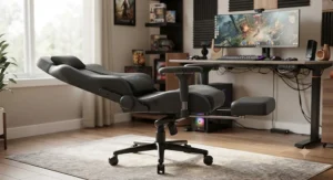 Side profile showing the full flat recline angle of a reclining gaming chair for tall gamers.