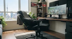 Sturdy heavy-duty reclining gaming chair positioned in a bright Toronto apartment with city views in the background.