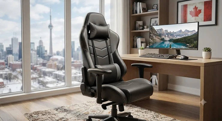 Ergonomic leather gaming chair for home office set up in a modern Canadian living space