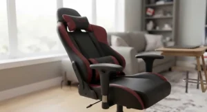 A budget reclining gaming chair in black and red with detachable lumbar and headrest pillows.