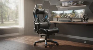 Luxury racing-style leather gaming chair with vibrant stitching and supportive neck pillows.